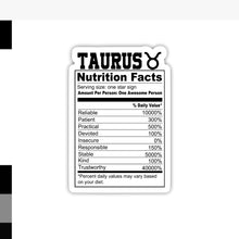Load image into Gallery viewer, Taurus Nutrition Facts Zodiac Sticker