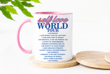 Load image into Gallery viewer, Self Love World Tour 15oz White Mug with Pink Handle
