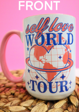 Load image into Gallery viewer, Self Love World Tour 15oz White Mug with Pink Handle
