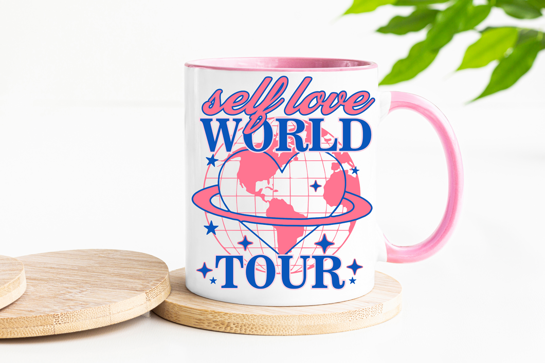 Self Love World Tour 15oz White Mug with Pink Handle