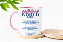 Load image into Gallery viewer, Self Love World Tour 15oz White Mug with Pink Handle
