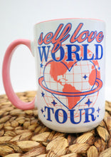 Load image into Gallery viewer, Self Love World Tour 15oz White Mug with Pink Handle
