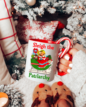 Load image into Gallery viewer, Retro Sleigh the Patriarchy Mug with Red Handle
