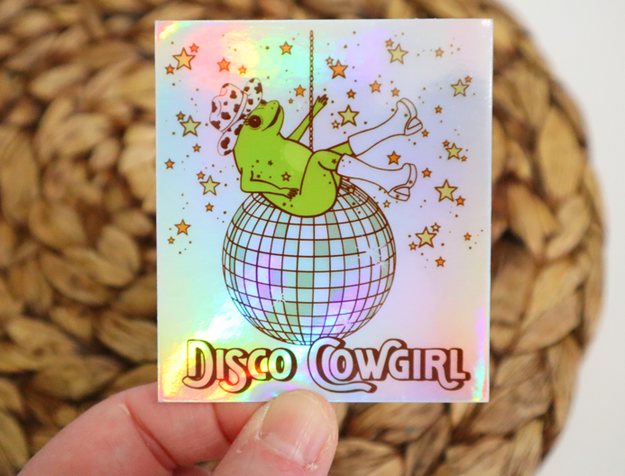 Disco Cowgirl Frog Holographic Sticker