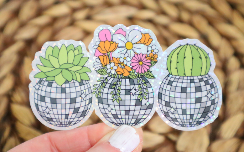 Disco Floral Planter Glitter Retro Sticker