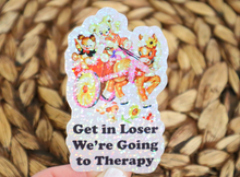 Load image into Gallery viewer, Get in Loser We&#39;re Going to Therapy Glitter Retro Sticker
